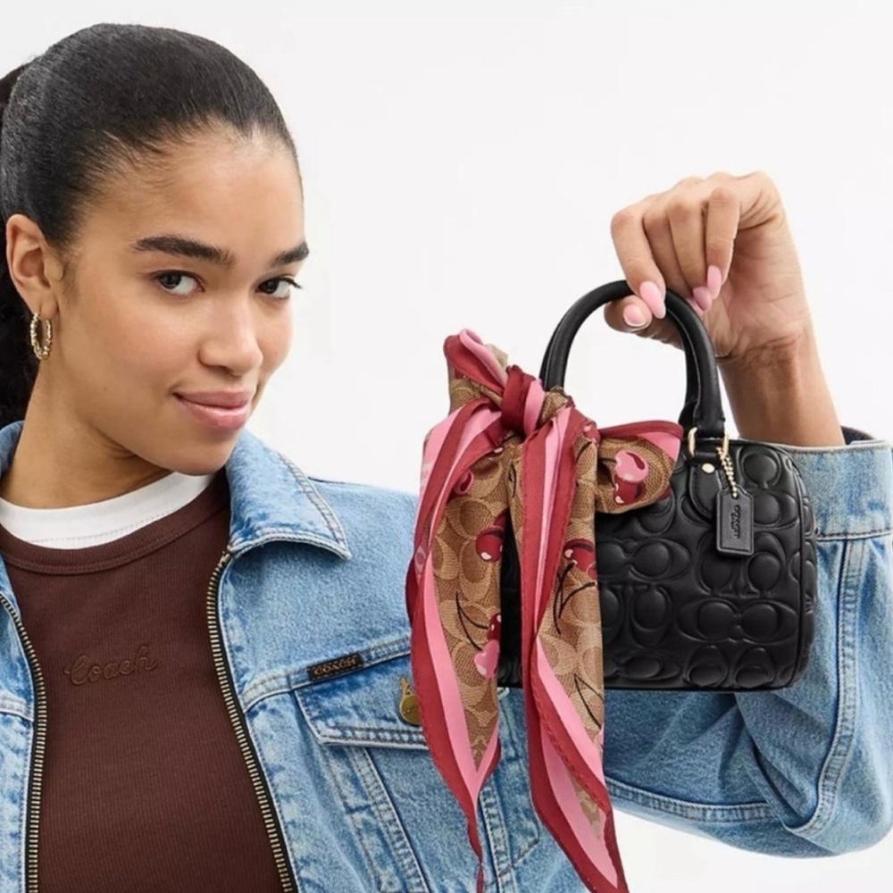 New Coach Signature Cherry Swirl Print Silk Diamond Scarf - Picture 2 of 5